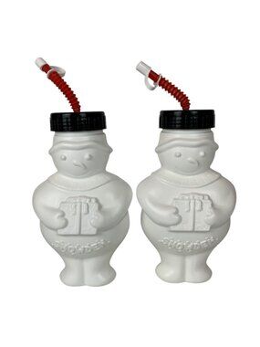Vintage Pair of Snowden the Snowman Plastic Drink Cups Red Straws Black Lids